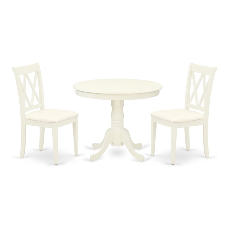 East West Furniture Antique 3-piece Dining Set with Round Table in Linen White