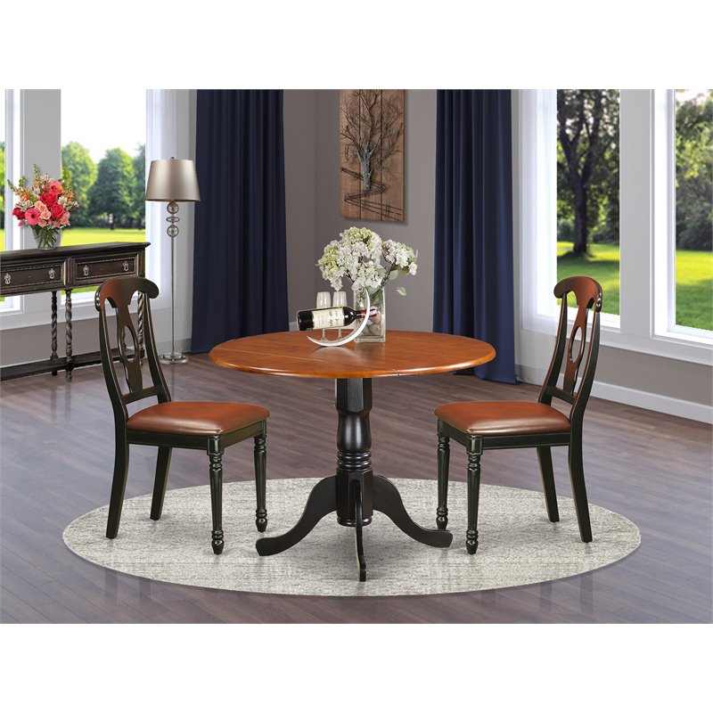 East West Furniture Dublin 3-piece Dining Set w/ Leather Chairs in Black/Cherry