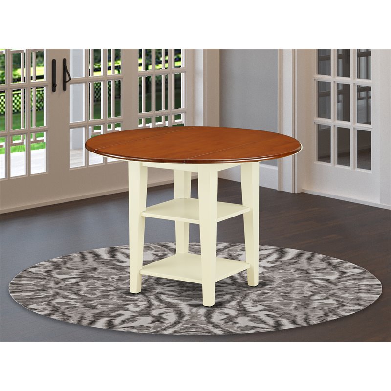 East West Furniture Sudbury Wood Dining Table with 2 Shelves in Cream/Cherry