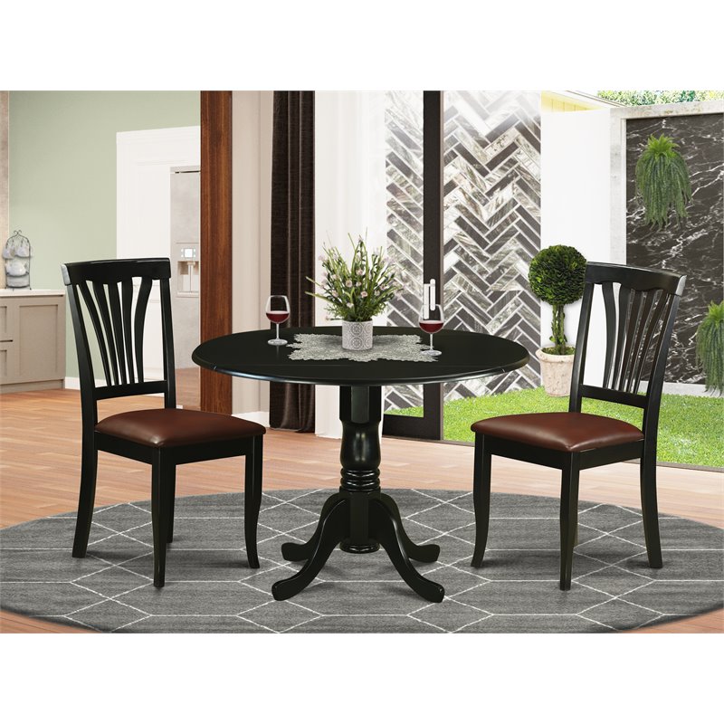 East West Furniture Dublin 3-piece Wood Dining Set w/ Leather Seat in Black