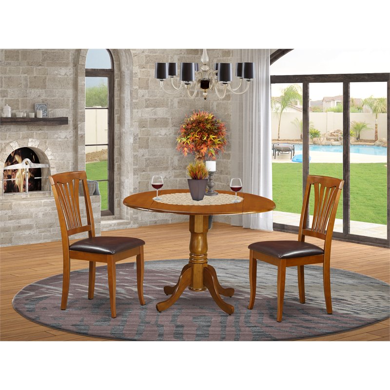 East West Furniture Dublin 3-piece Dining Set with Leather Seat in Saddle Brown