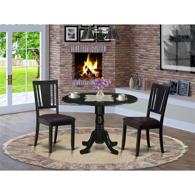 East West Furniture Dublin 3-piece Wood Dining Set with Leather Seat in Black