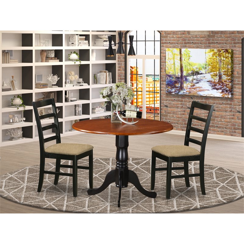 East West Furniture Dublin 3-piece Dining Set with Linen Seat in Black/Cherry