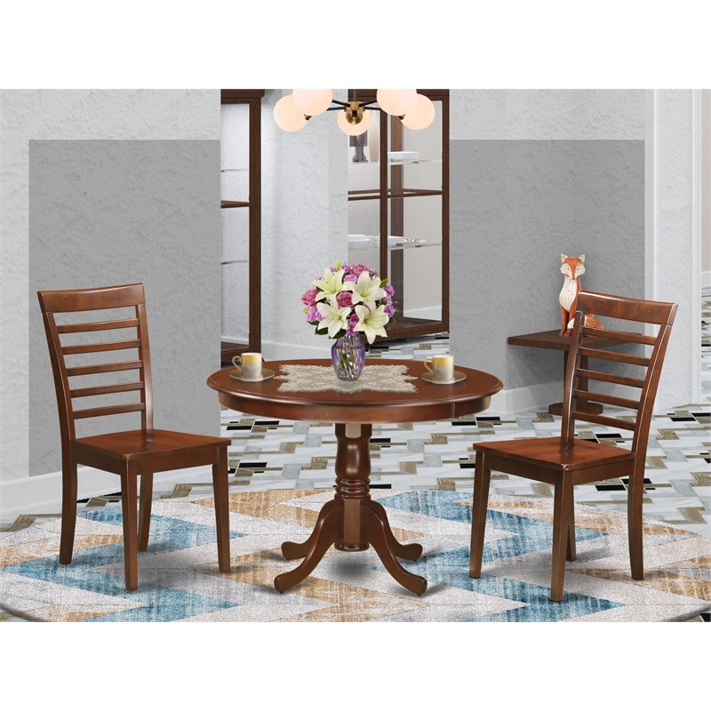 East West Furniture Hartland 3-piece Dining Chair & Round Table Set in Mahogany