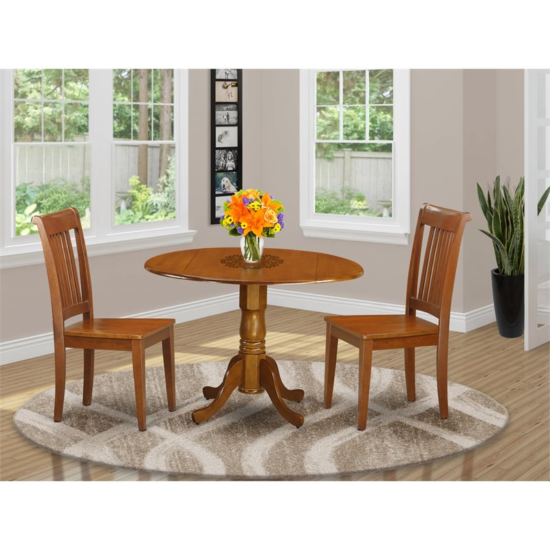East West Furniture Dublin 3-piece Dining Set with Round Table in Saddle Brown