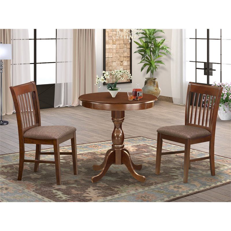 East West Furniture Eden 3-piece Wood Dining Set with Fabric Chairs in Mahogany