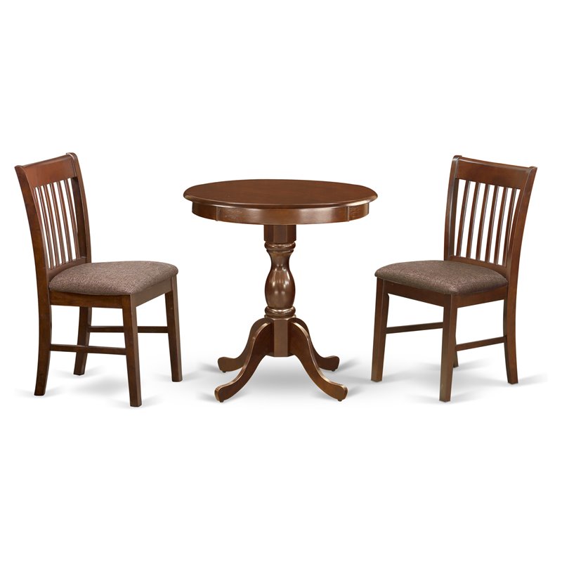 East West Furniture Eden 3-piece Wood Dining Set with Fabric Chairs in Mahogany