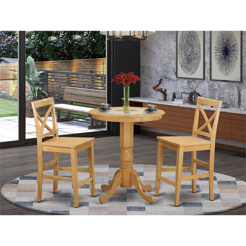 East West Furniture Eden 3-piece Wood Pub Table and Dinette Chair Set in Oak