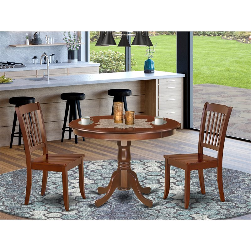 East West Furniture Hartland 3-piece Dining Set with Slatted Chairs in Mahogany