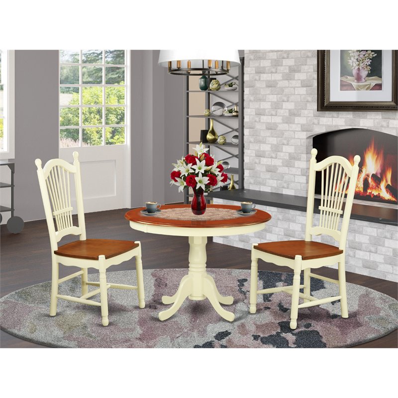 East West Furniture Hartland 3-piece Dining Set with Wood Seat in Cherry