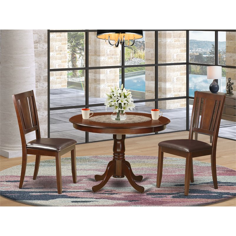 East West Furniture Hartland 3-piece Dining Set with Leather Chairs in Mahogany