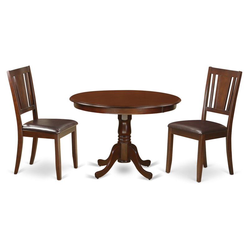 East West Furniture Hartland 3-piece Dining Set with Leather Chairs in Mahogany
