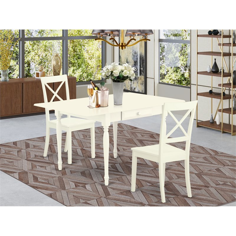 East West Furniture Monza 3-piece Dining Table and X-Back Chairs in Linen White
