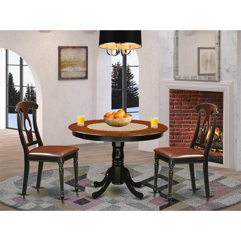 East West Furniture Hartland 3-piece Dining Table Set with Leather Seat in Black