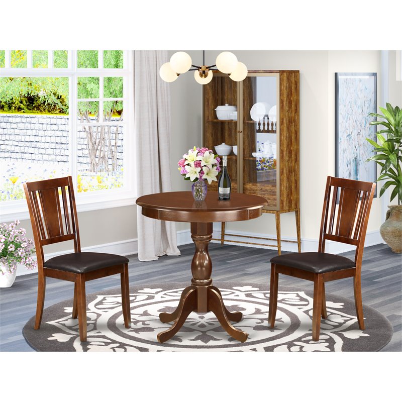East West Furniture Eden 3-piece Wood Dining Set with Leather Seat in Mahogany