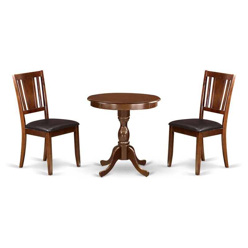 East West Furniture Eden 3-piece Wood Dining Set with Leather Seat in Mahogany