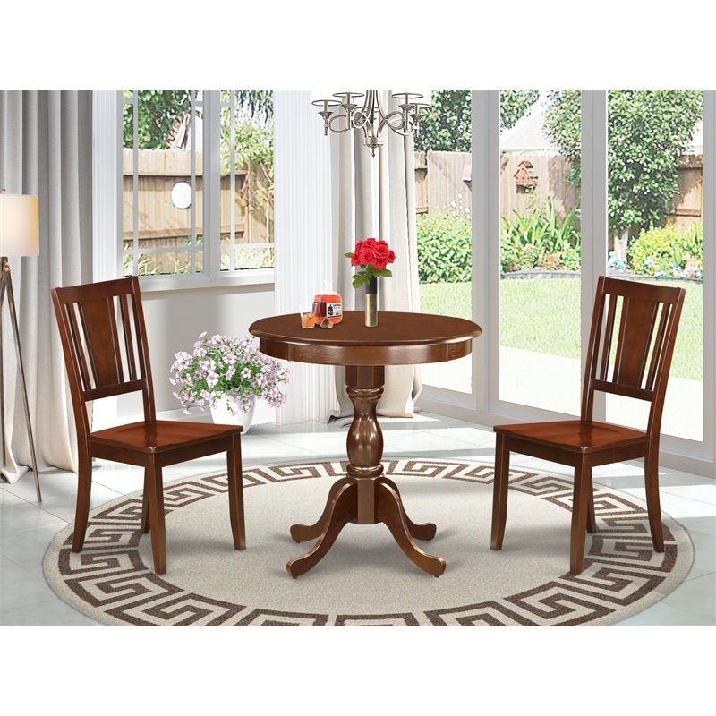 East West Furniture Eden 3-piece Dining Set with Wood Seat in Mahogany