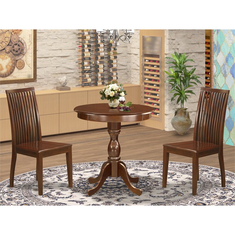 East West Furniture Eden 3-piece Dining Set with Wood Seat Chairs in Mahogany