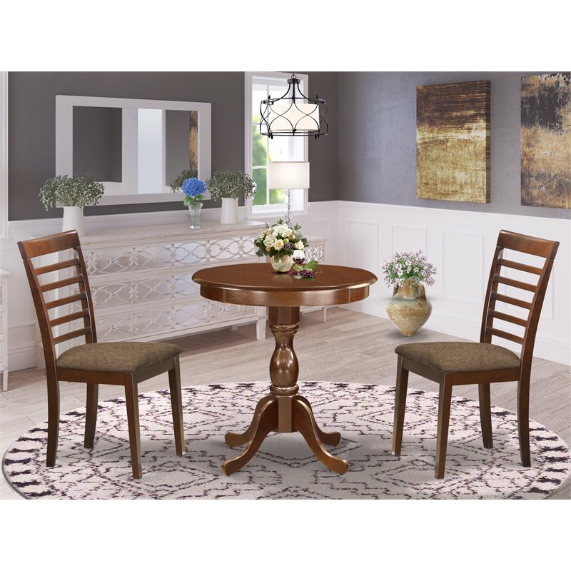 East West Furniture Eden 3-piece Wood Dining Set with Cushion Seat in Mahogany