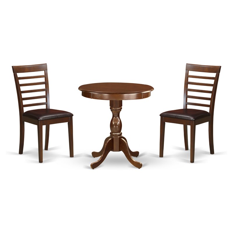 East West Furniture Eden 3-piece Wood Dining Set with Leather Chairs in Mahogany