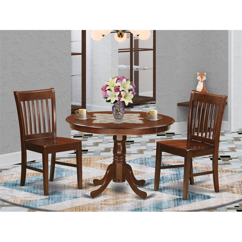 East West Furniture Hartland 3-piece Dining Chairs and Round Table in Mahogany
