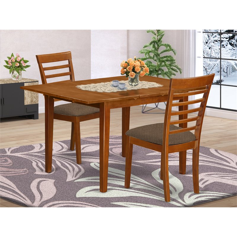 East West Furniture Milan 3-piece Dining Set with Cushion Seat in Saddle Brown