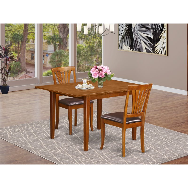 East West Furniture Milan 3-piece Dining Set with Leather Seat in Saddle Brown