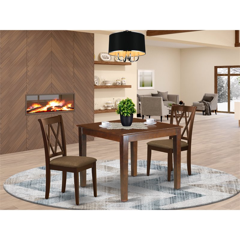 East West Furniture Oxford 3-piece Dining Table and Linen Chairs in Mahogany