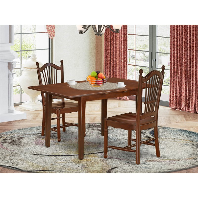 East West Furniture Norfolk 3-piece Dining Set with Wood Seat Chairs in Mahogany