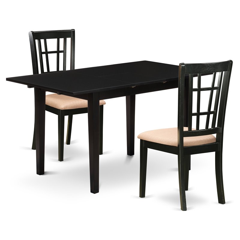 East West Furniture Norfolk 3-piece Wood Dining Set with Fabric Chairs in Black