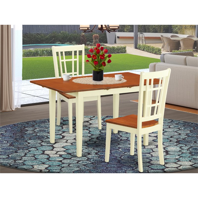 East West Furniture Norfolk 3-piece Dining Set w/ Wood Seat in Buttermilk/Cherry