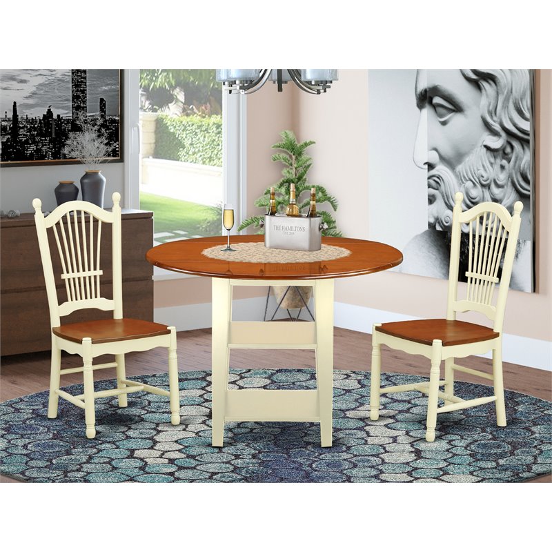 East West Furniture Sudbury 3-piece Dining Room Set in Buttermilk and Cherry