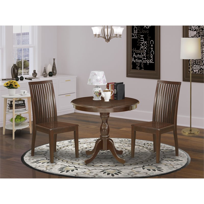 East West Furniture Antique Wood 3-piece Dining Set with Round Table in Mahogany