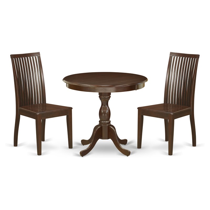 East West Furniture Antique Wood 3-piece Dining Set with Round Table in Mahogany