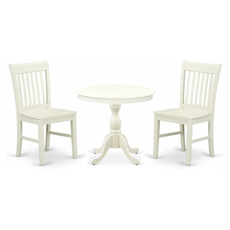 East West Furniture Antique 3-piece Dining Set with Slatted Chairs in White