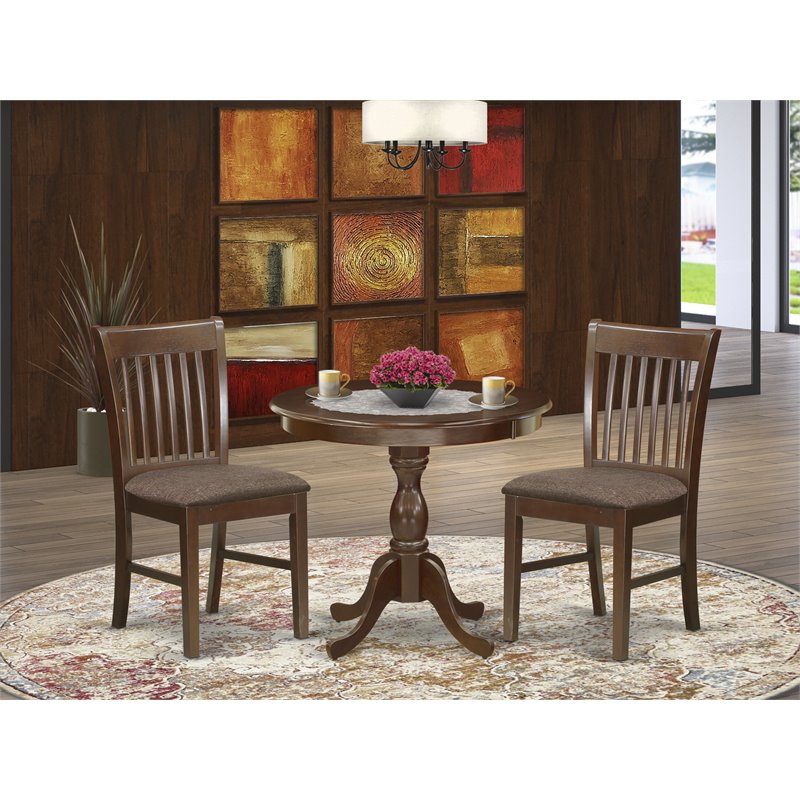 East West Furniture Antique 3-piece Wood Dining Set with Fabric Seat in Mahogany