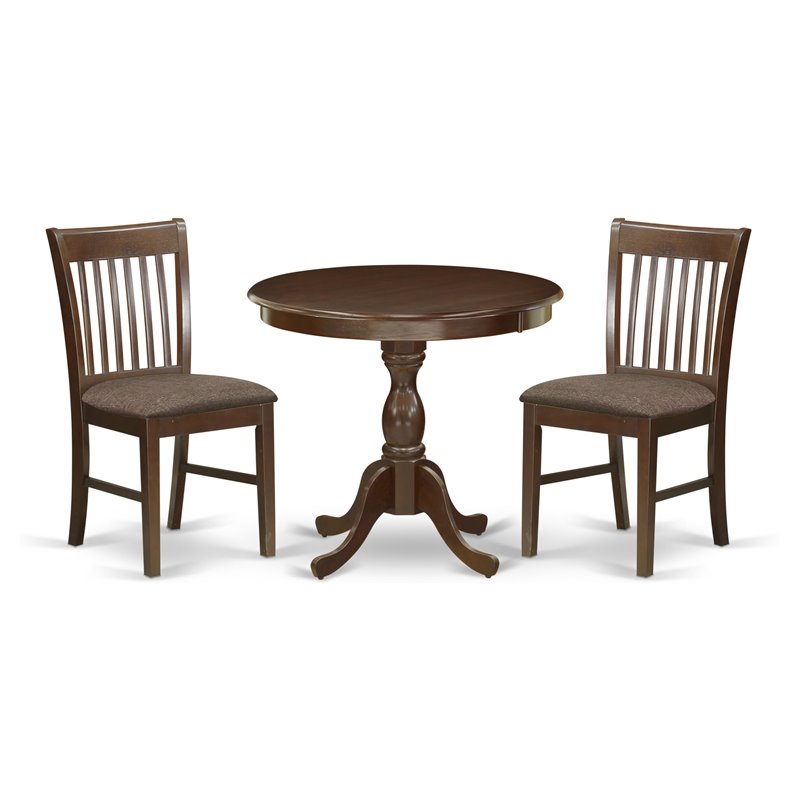 East West Furniture Antique 3-piece Wood Dining Set with Fabric Seat in Mahogany