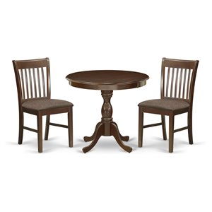 East West Furniture Antique 3-piece Wood Dining Set with Fabric Seat in Mahogany