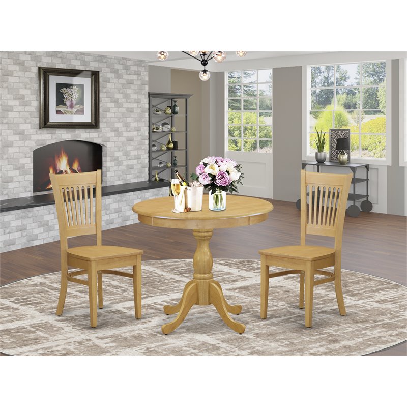 East West Furniture Antique 3-piece Wood Dining Table and Slatted Chairs in Oak
