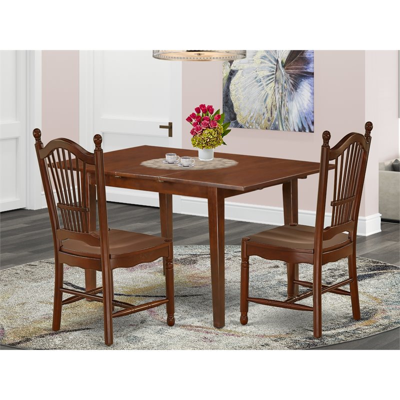 East West Furniture Picasso 3-piece Dining Set with Wood Seat in Mahogany