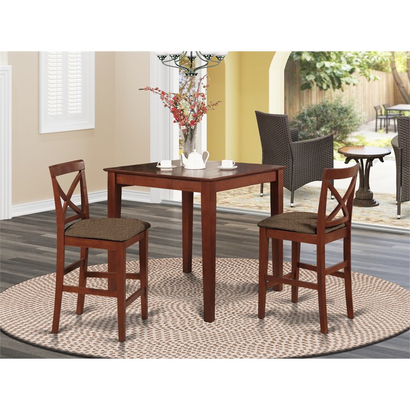East West Furniture Pub 3-piece Wood Dining Table and Stool Set in Brown