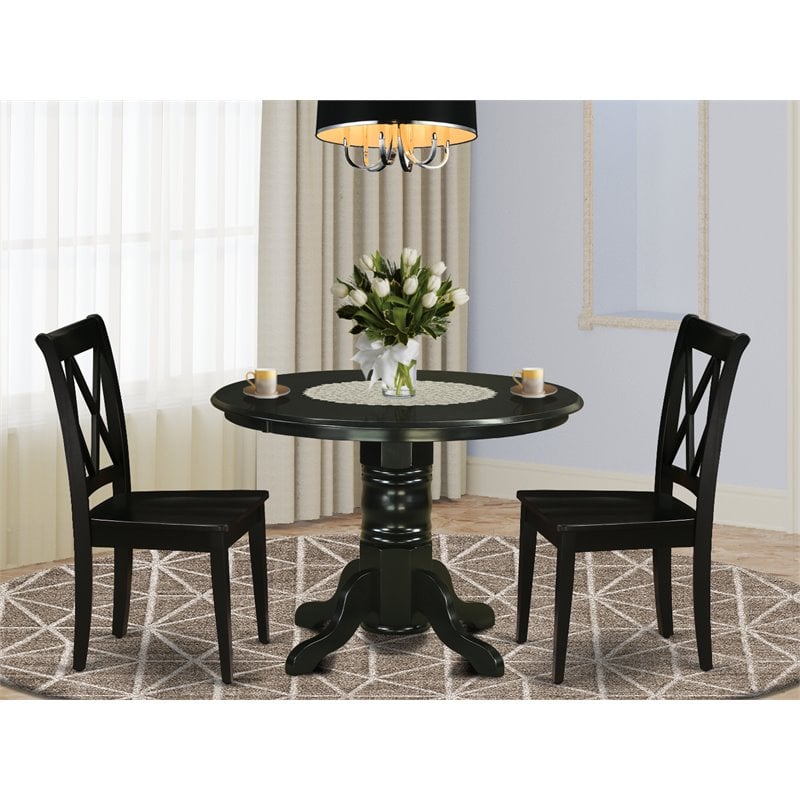 East West Furniture Shelton 3-piece Dining Set with Wood Seat in Black