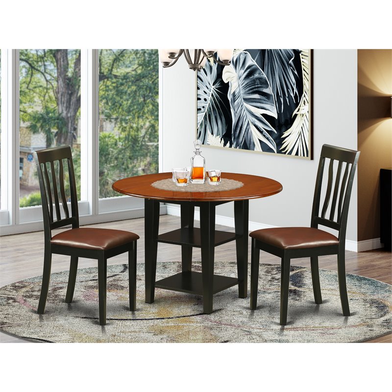 East West Furniture Sudbury 3-piece Dining Set with Leather Seat in Black/Cherry
