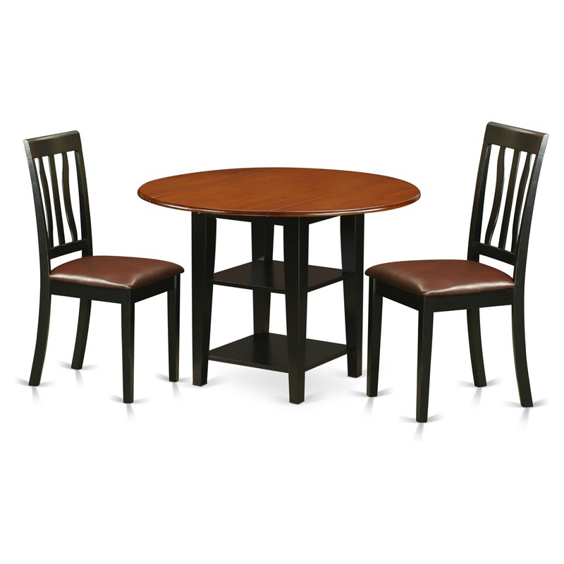 East West Furniture Sudbury 3-piece Dining Set with Leather Seat in Black/Cherry