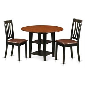 East West Furniture Sudbury 3-piece Dining Set with Leather Seat in Black/Cherry