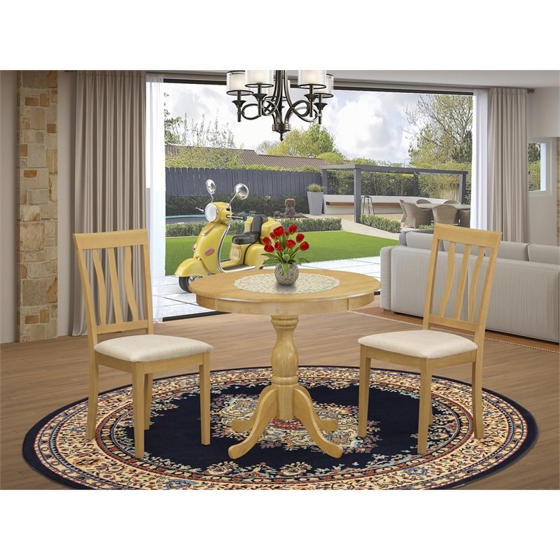 East West Furniture Antique 3-piece Wood Dining Set with Fabric Seat in Oak