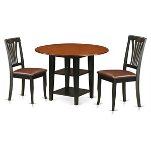 East West Furniture Sudbury 3-piece Dining Set with Leather Chairs in Black