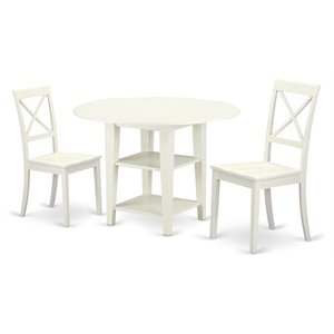 East West Furniture Sudbury 3-piece Dining Set with Wood Seat in Linen White
