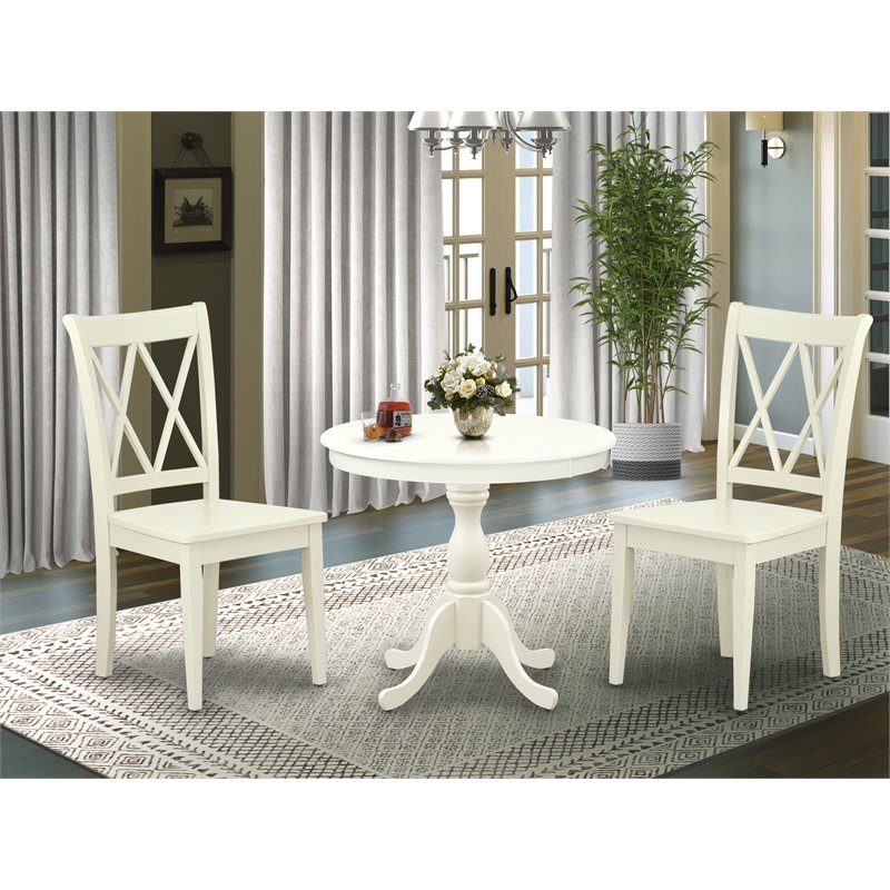 East West Furniture Antique 3-piece X-Back Chairs and Pedestal Table in White