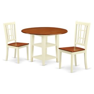 East West Furniture Sudbury 3-piece Dining Set with Wood Seat in Cherry